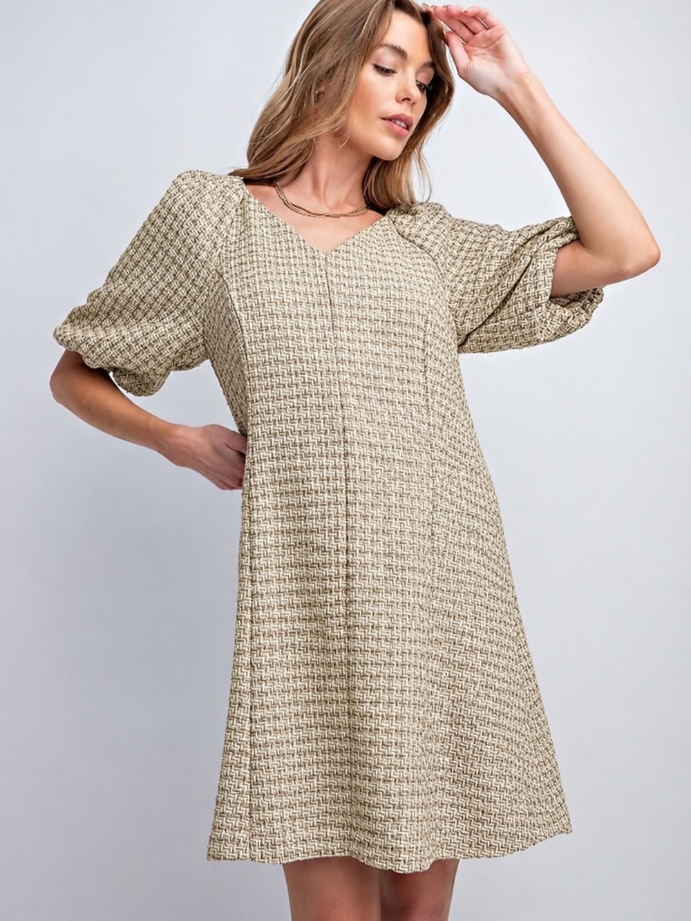 Easel Textured Puff Sleeve Mini Dress Beige - Size M - NWT
